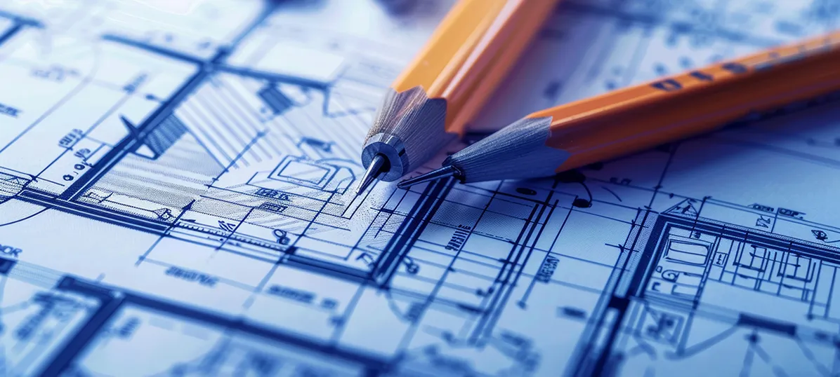 Closeup image of architectural blueprint with two pencils on top