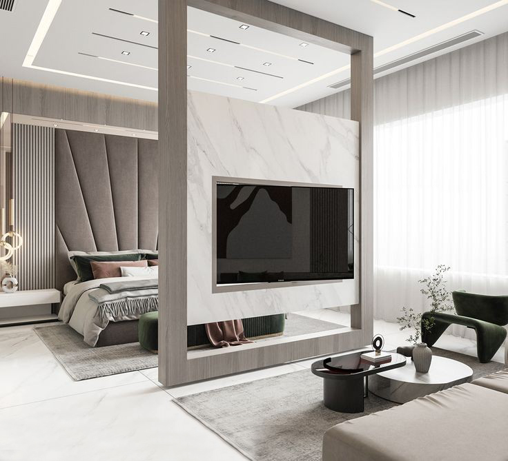 Closet interior with hanging white and blue clothes and shelves with towels